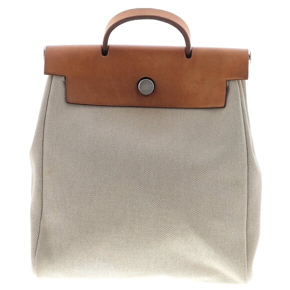 Hermes Herbag Backpack Toile Canvas and Orange Leather w/Silver Cadena Lock/Key - Picture 1 of 6